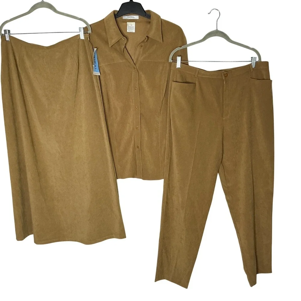 Tribal Stretch 3 Piece  Career‎ Outfit Pants Skirt Button Up Shirt Camel Size 14